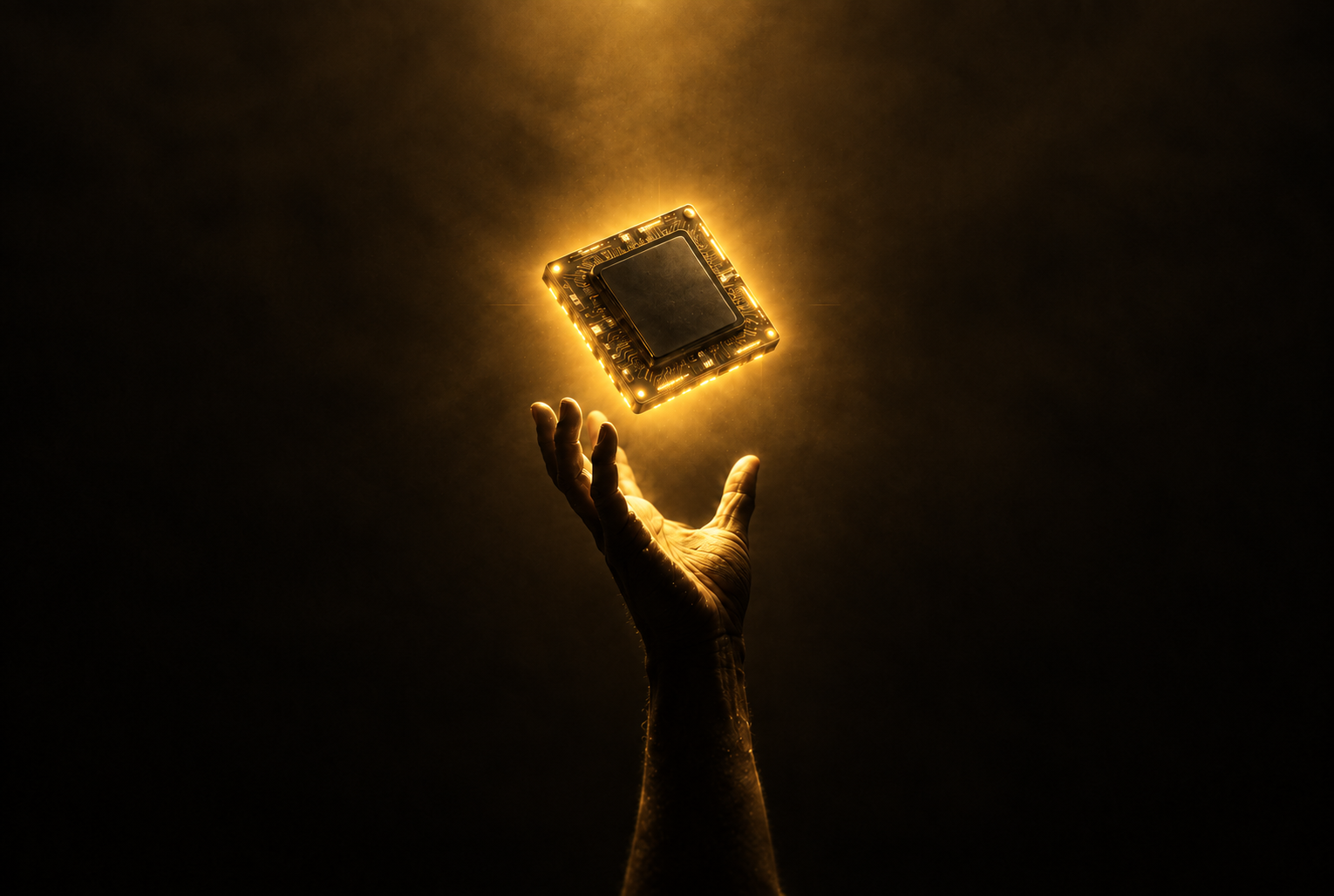 A GPU die glowing gold, hovering above an open hand